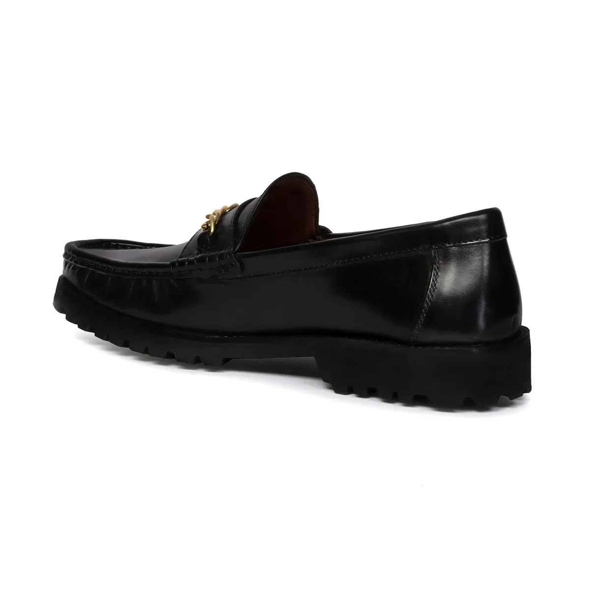 Black Chunky Sole Loafer with Golden Chain Embellishment