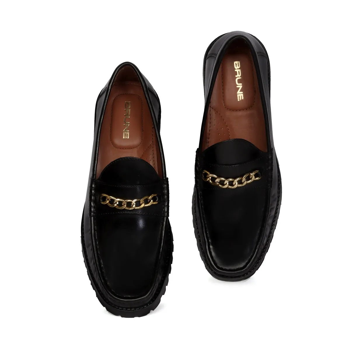 Black Chunky Sole Loafer with Golden Chain Embellishment