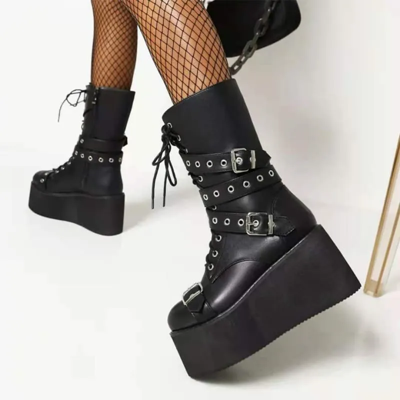 Black Punk Platform High Wedge Lace Up Steampunk Boots