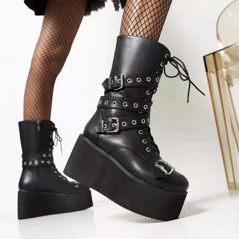 Black Punk Platform High Wedge Lace Up Steampunk Boots