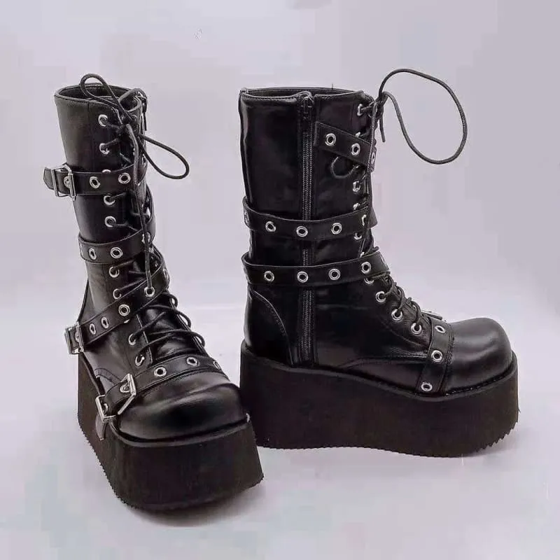 Black Punk Platform High Wedge Lace Up Steampunk Boots