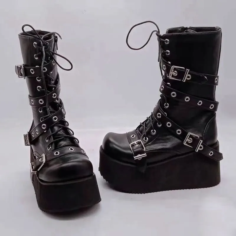 Black Punk Platform High Wedge Lace Up Steampunk Boots