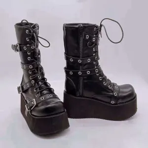 Black Punk Platform High Wedge Lace Up Steampunk Boots