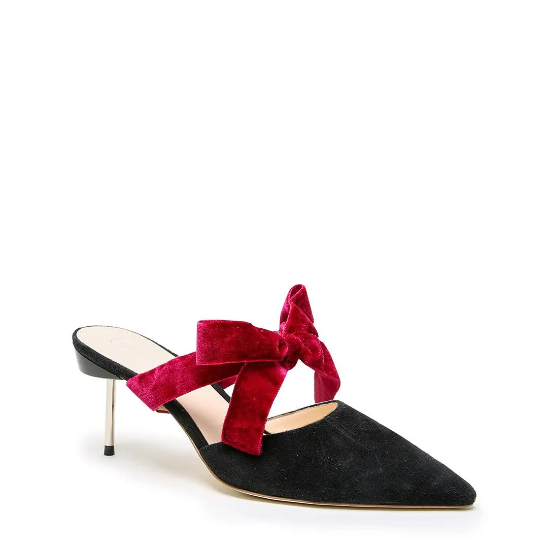 Black Suede Stiletto   Red Velvet Marie Strap