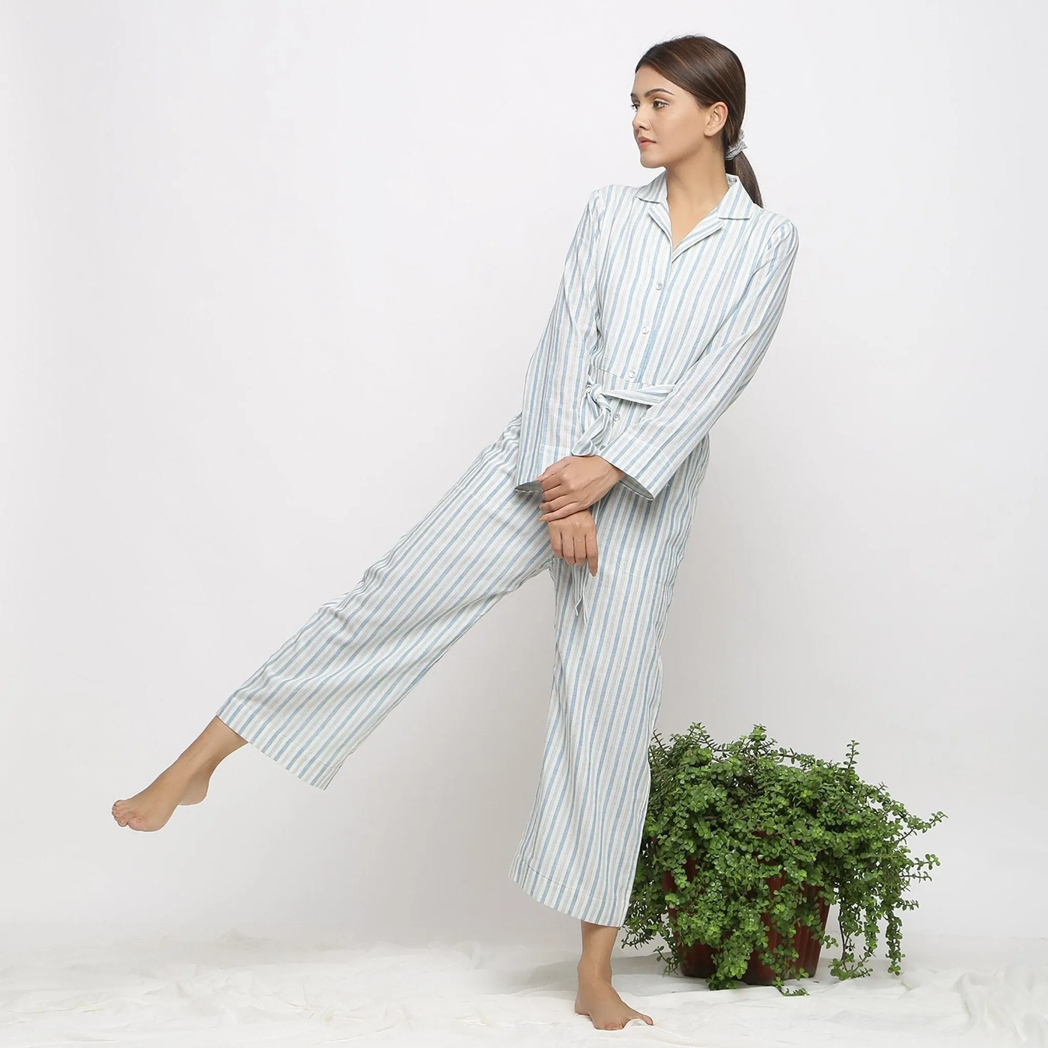 Blue Cotton Muslin Ankle Length Button-Down Overall