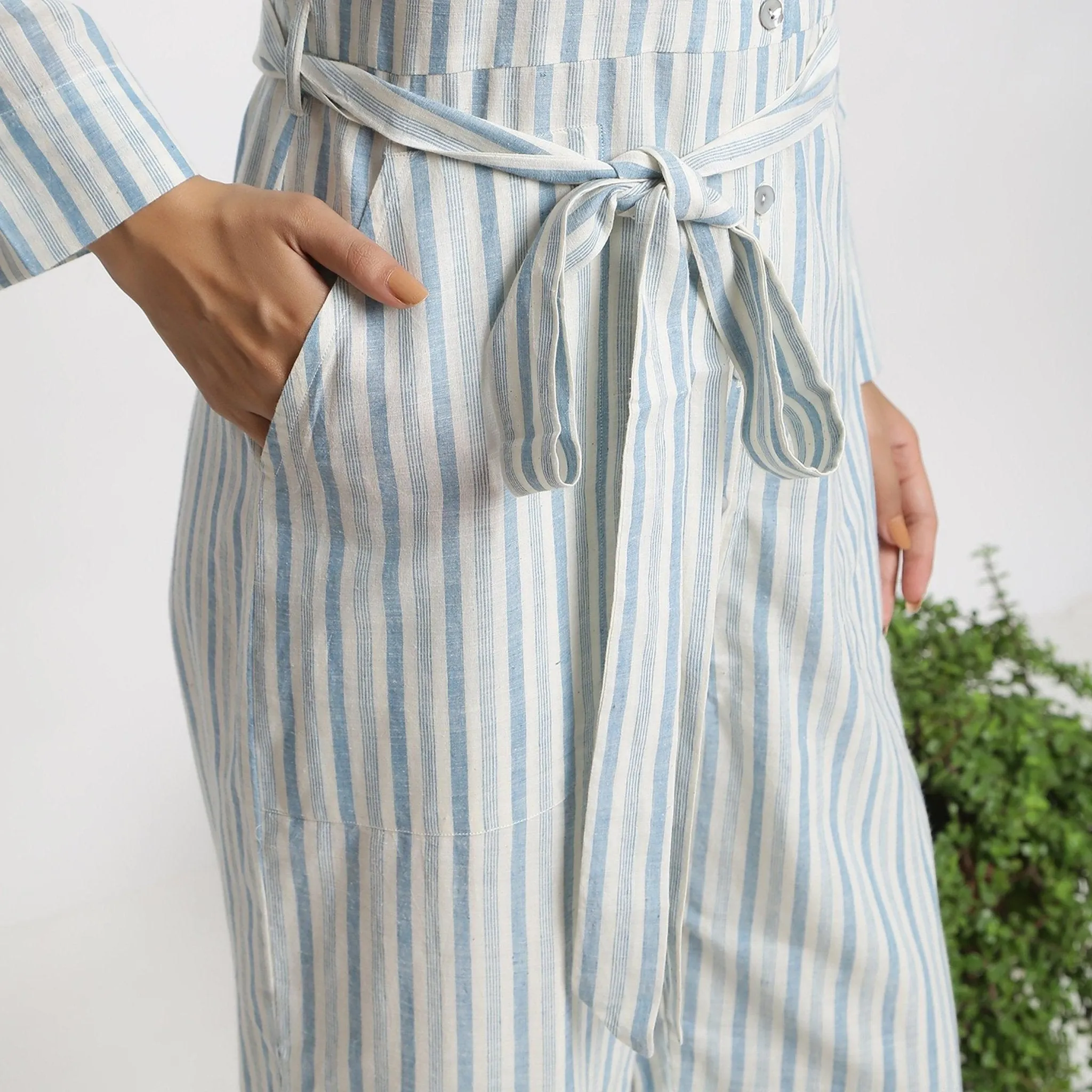 Blue Cotton Muslin Ankle Length Button-Down Overall