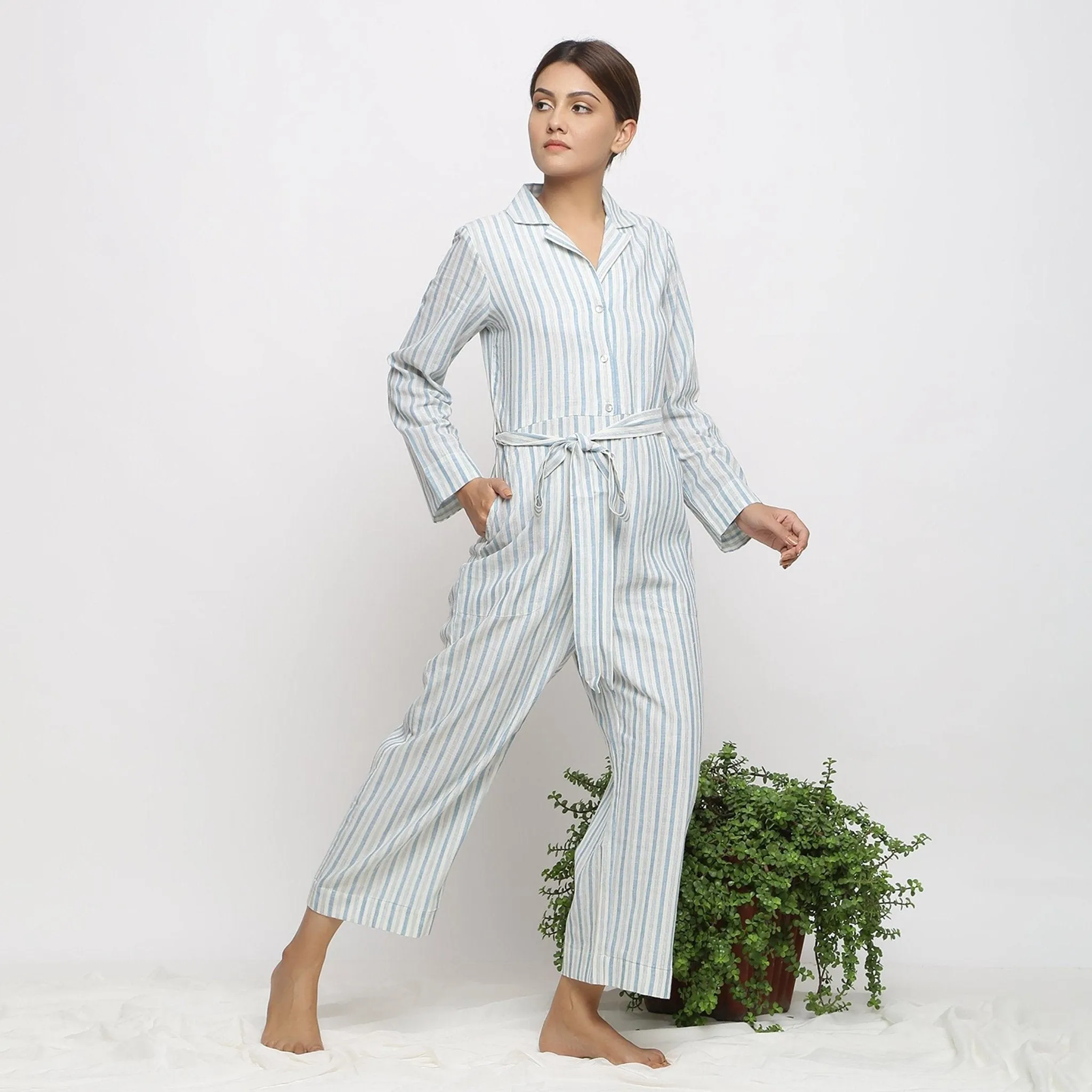 Blue Cotton Muslin Ankle Length Button-Down Overall