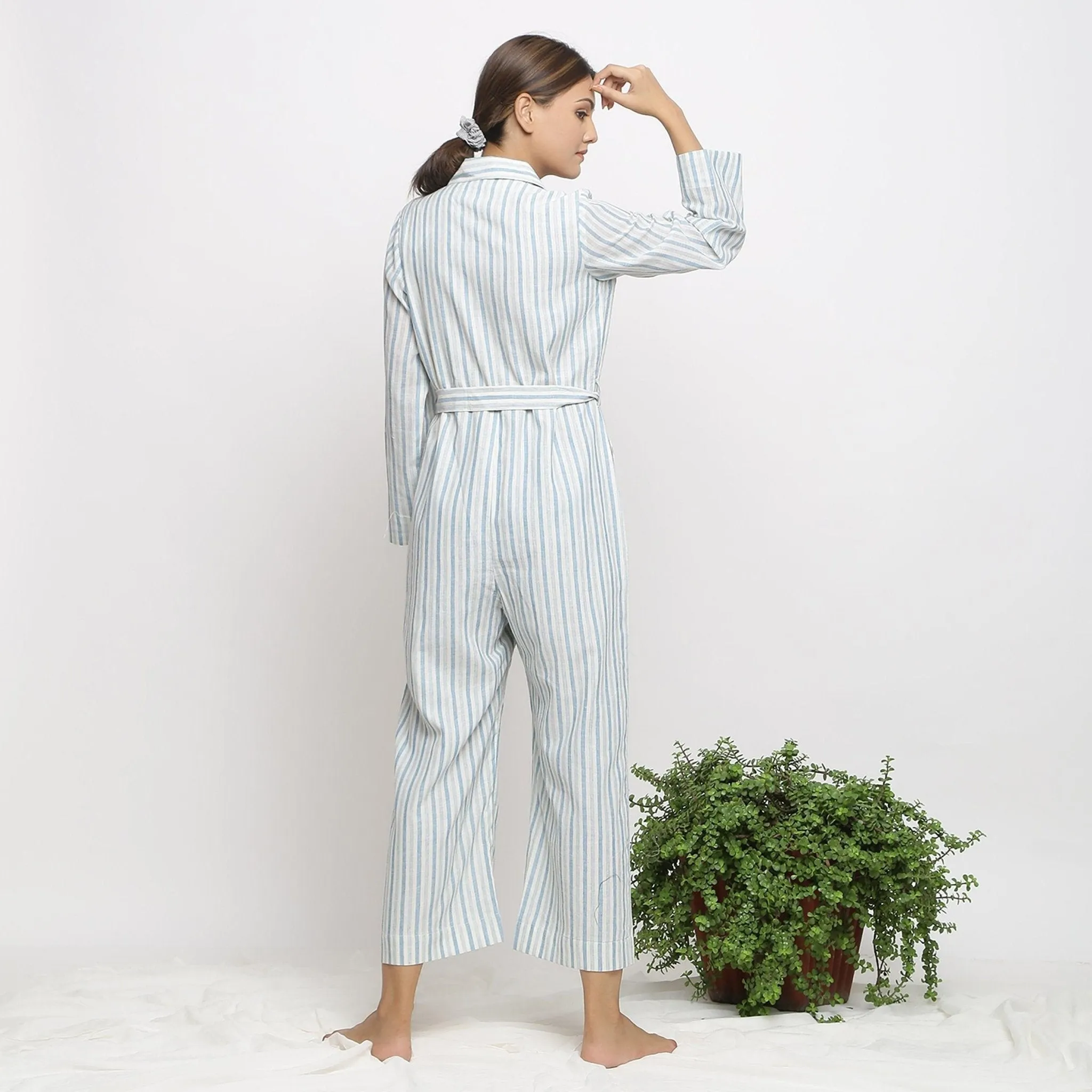 Blue Cotton Muslin Ankle Length Button-Down Overall