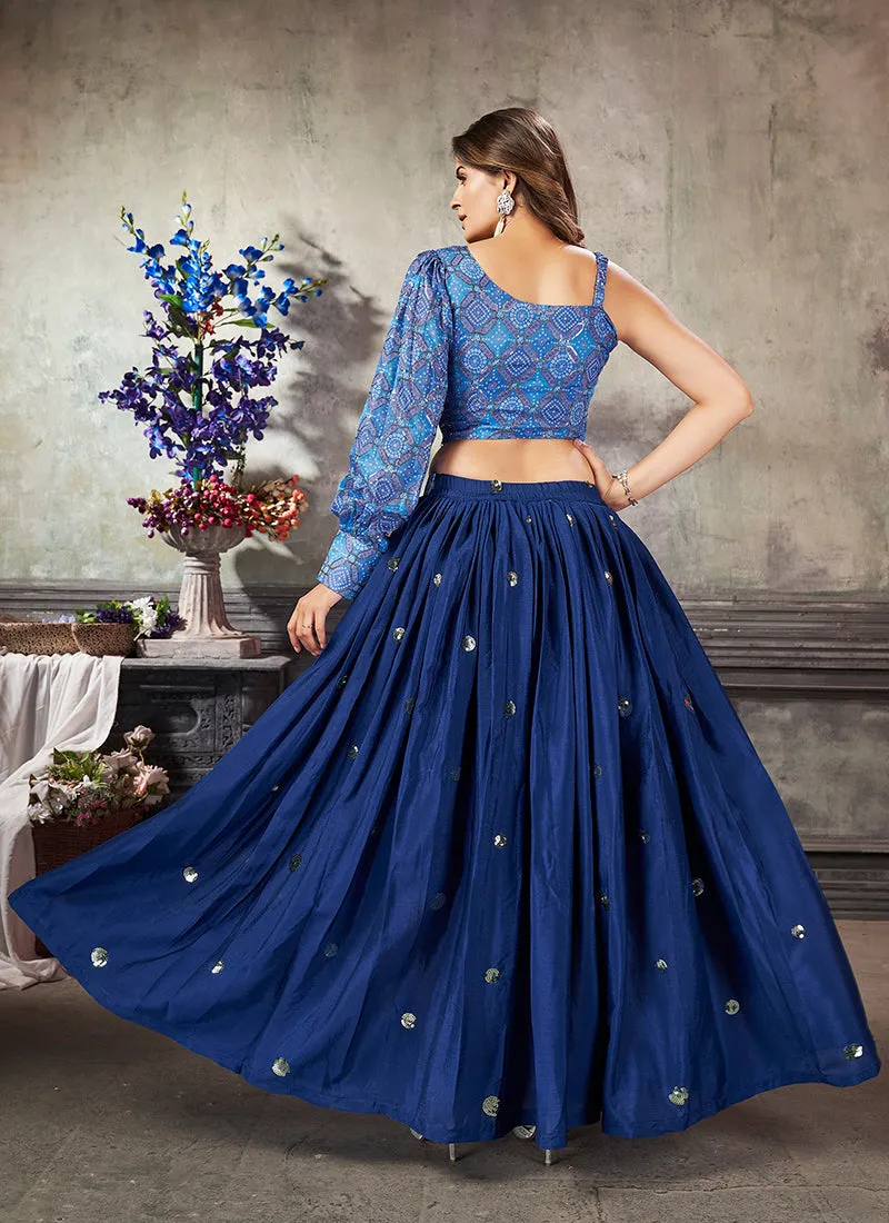 Blue Sequence Embroidery Traditional Flared Skirt And Top