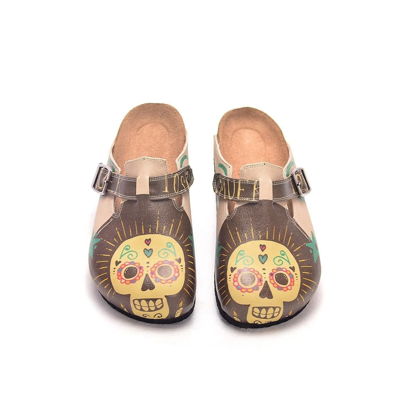Brown & Yellow Sugar Skull Clogs CAL308