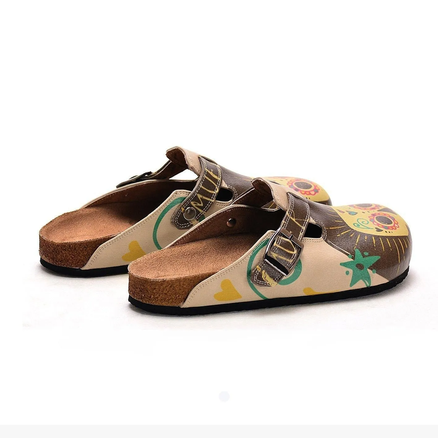 Brown & Yellow Sugar Skull Clogs CAL308