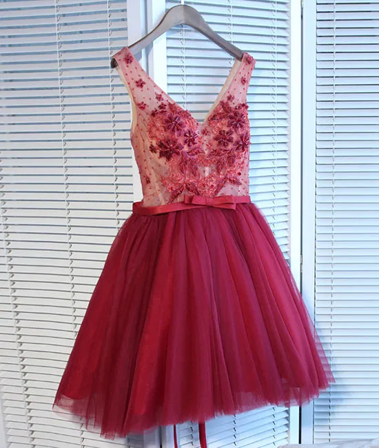 Burgundy v neck tulle applique short prom dress, burgundy homecoming dress