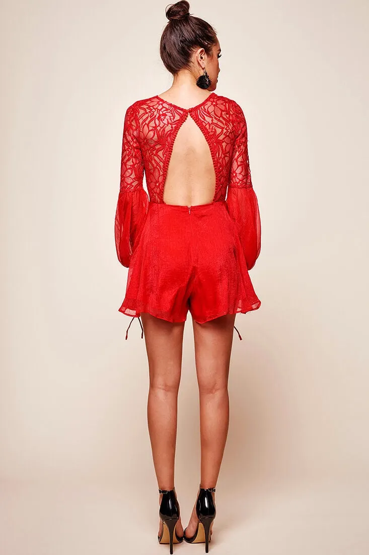 Cindy Peek-a-boo Back Lace Romper Red
