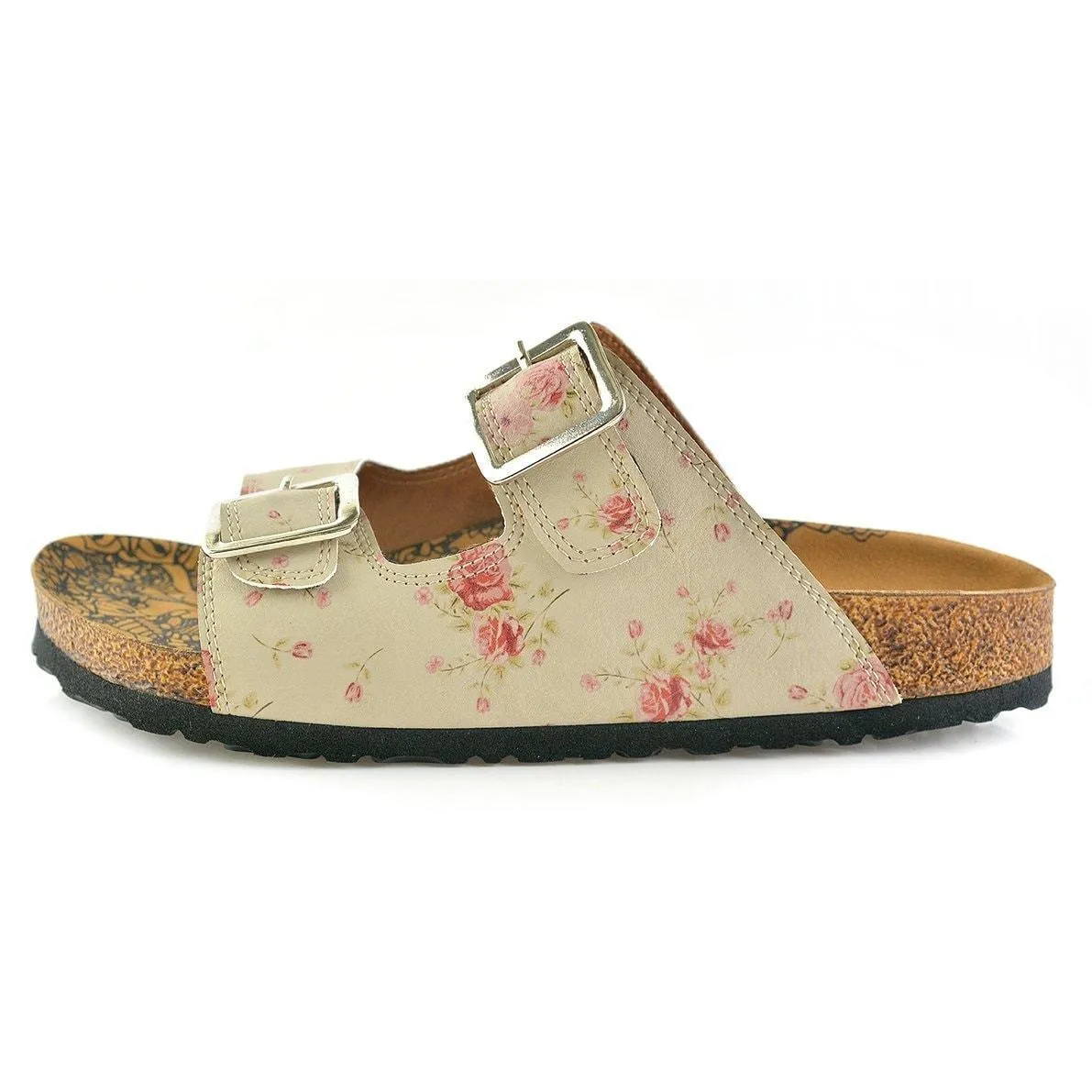 Cream & Pink Roses Two-Strap Buckle Sandal CAL209