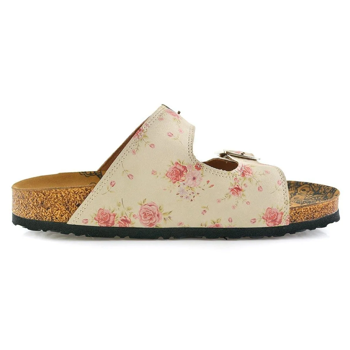 Cream & Pink Roses Two-Strap Buckle Sandal CAL209