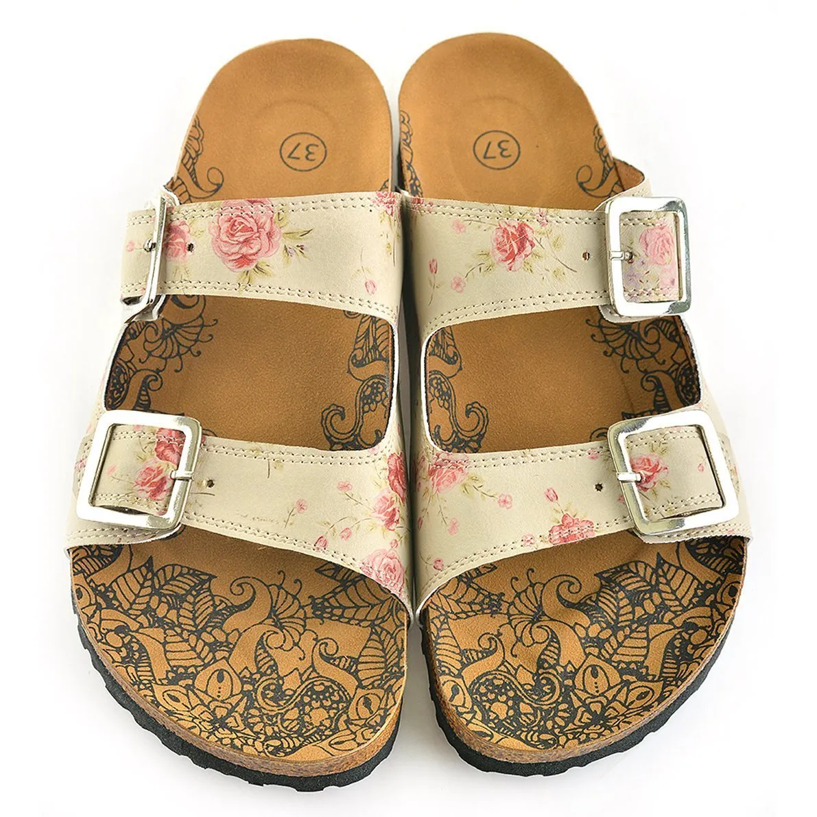 Cream & Pink Roses Two-Strap Buckle Sandal CAL209
