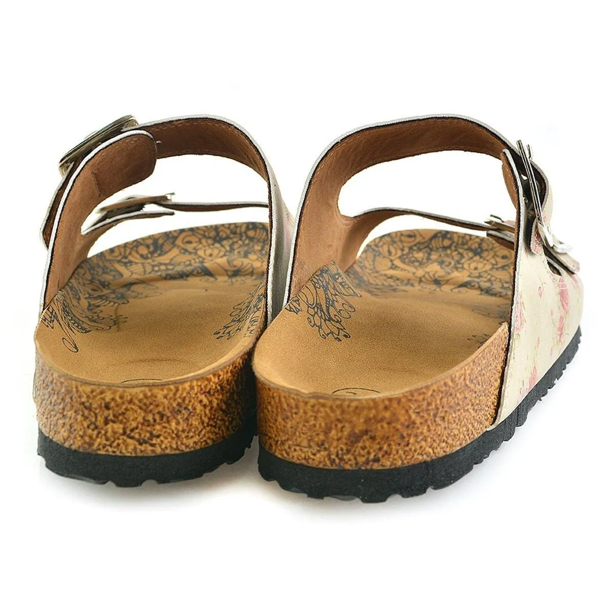 Cream & Pink Roses Two-Strap Buckle Sandal CAL209