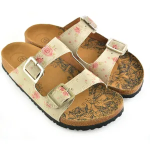 Cream & Pink Roses Two-Strap Buckle Sandal CAL209