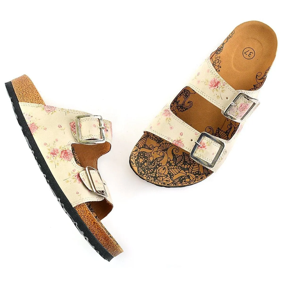 Cream & Pink Roses Two-Strap Buckle Sandal CAL209