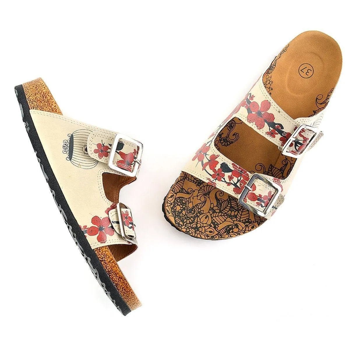 Cream & Red Floral Two-Strap Buckle Sandal CAL207