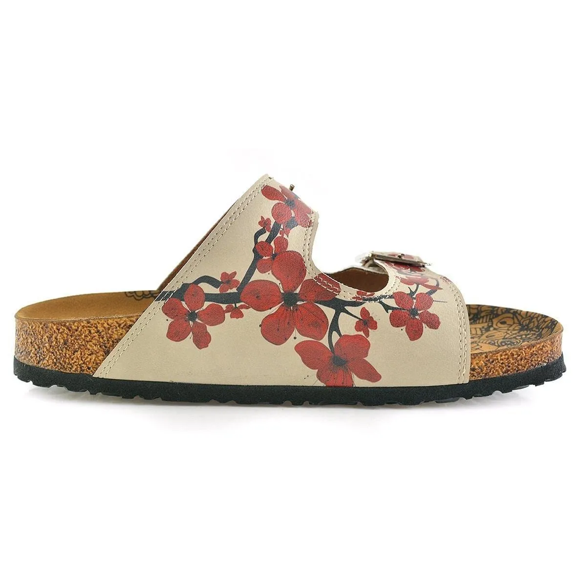 Cream & Red Floral Two-Strap Buckle Sandal CAL207
