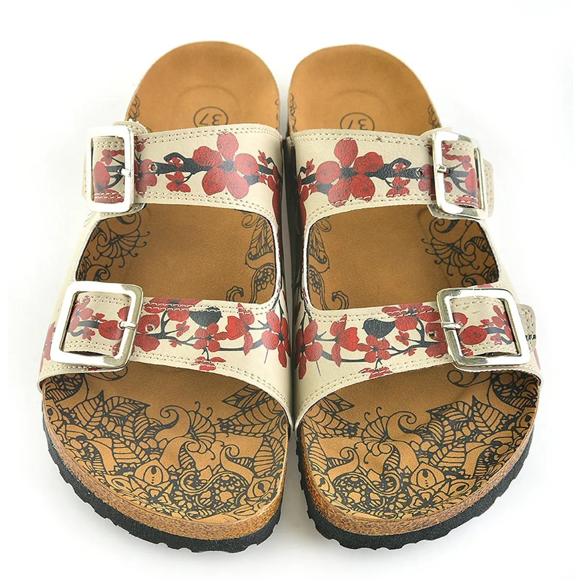 Cream & Red Floral Two-Strap Buckle Sandal CAL207