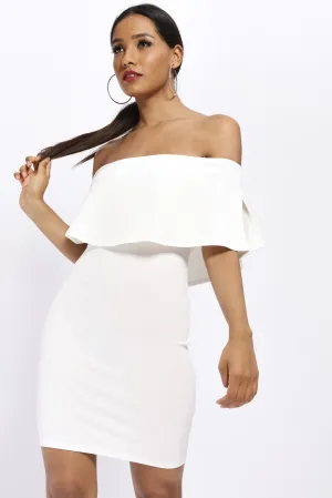Cream Off Shoulder Frill Bodycon Dress