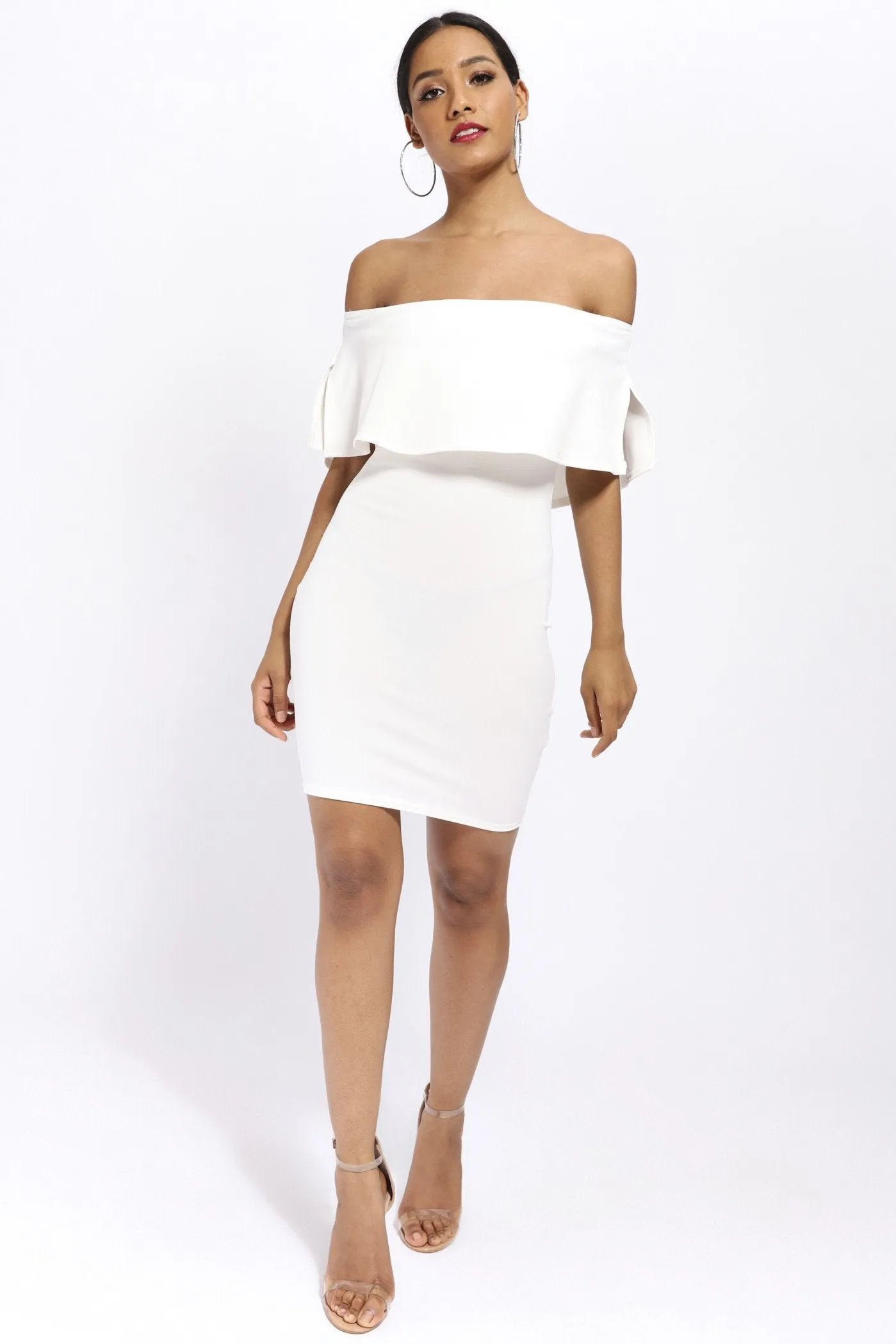 Cream Off Shoulder Frill Bodycon Dress