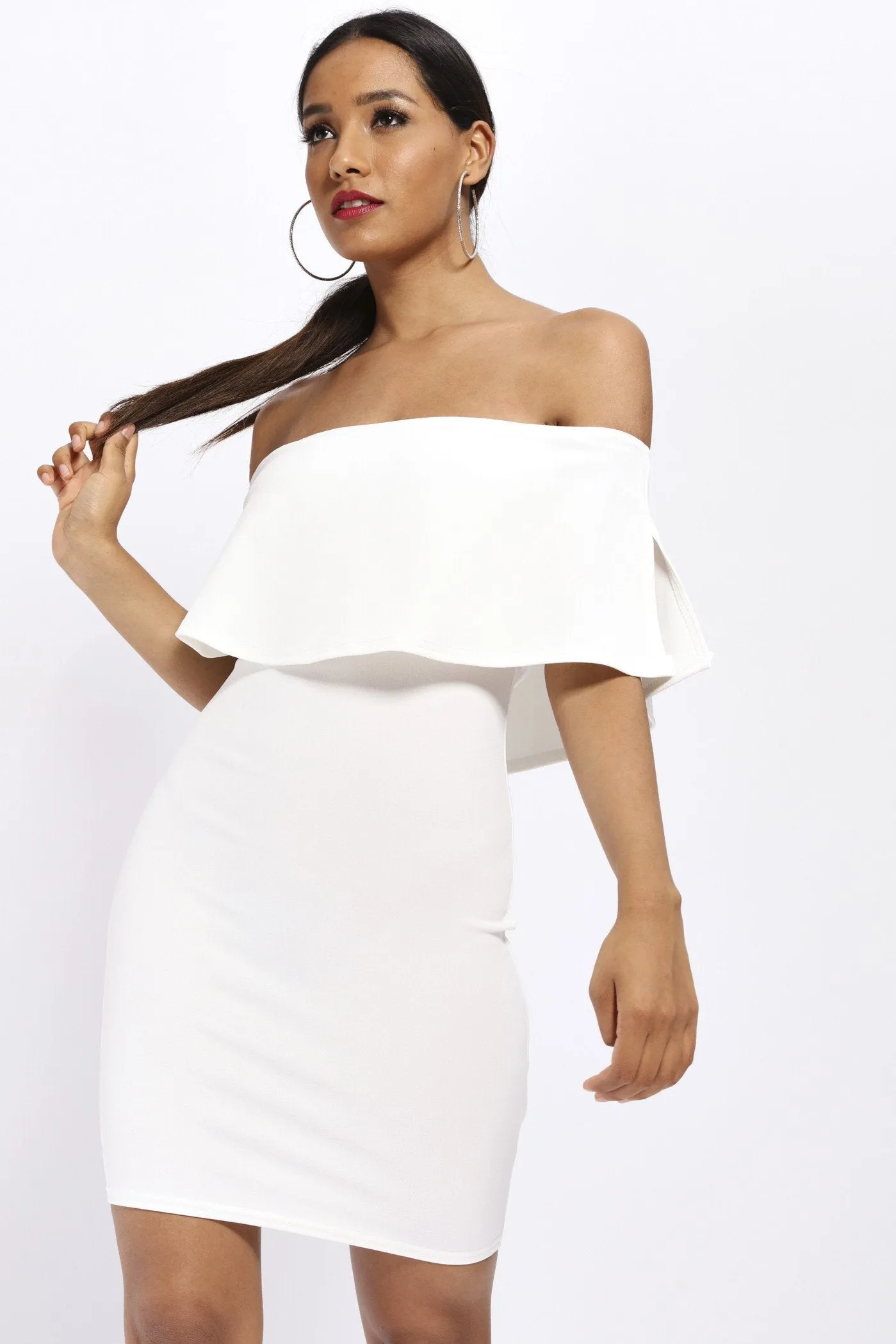 Cream Off Shoulder Frill Bodycon Dress