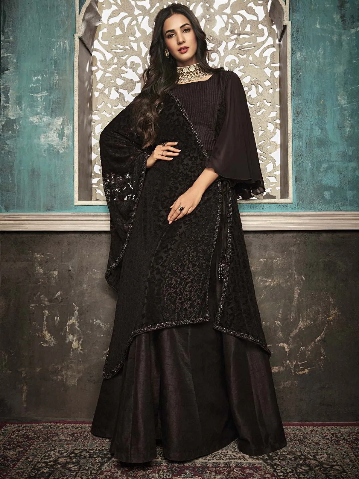 Dark Brown All Glammed Minimalist Embroidered Flared Anarkali Suit