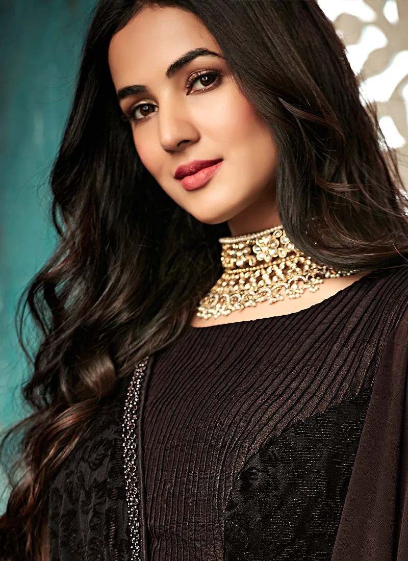 Dark Brown All Glammed Minimalist Embroidered Flared Anarkali Suit