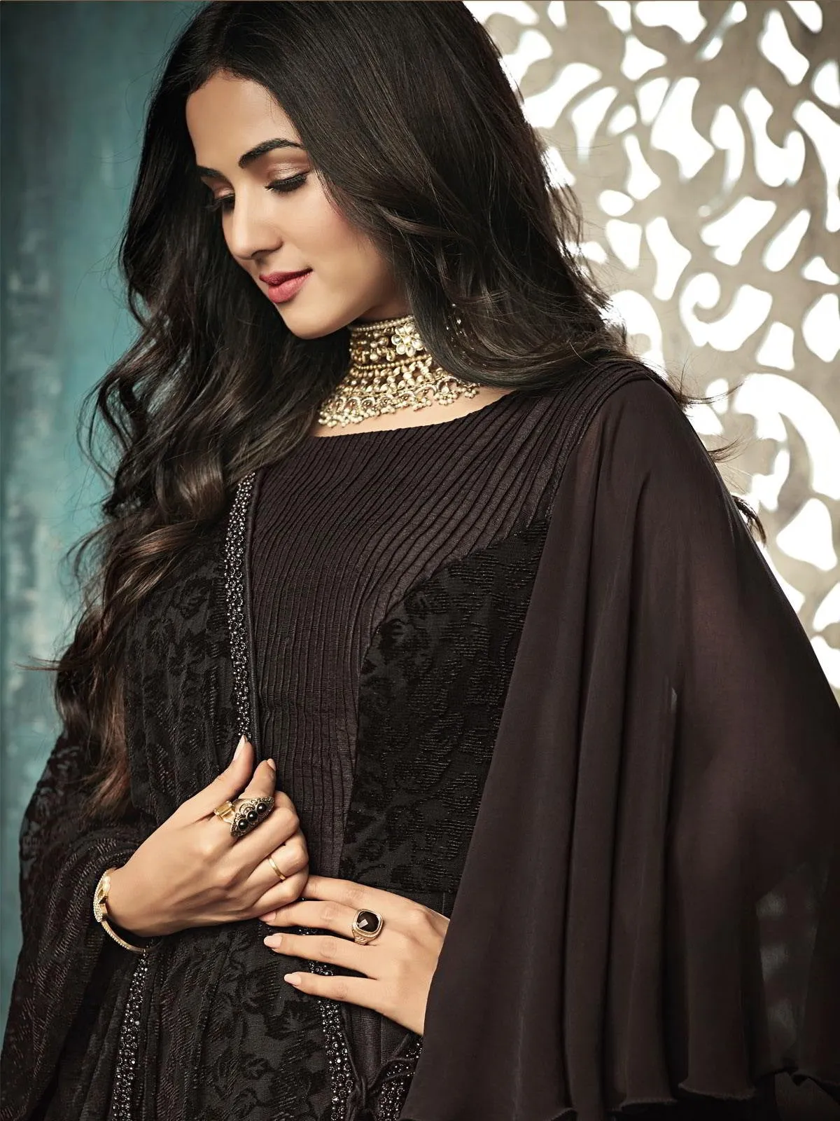 Dark Brown All Glammed Minimalist Embroidered Flared Anarkali Suit