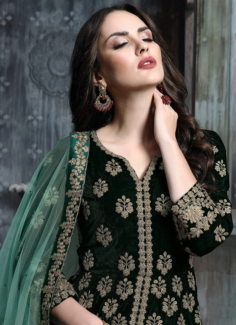 Dark Green And Golden Anarkali Lehenga Suit