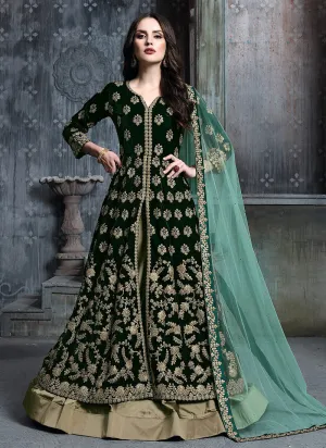 Dark Green And Golden Anarkali Lehenga Suit
