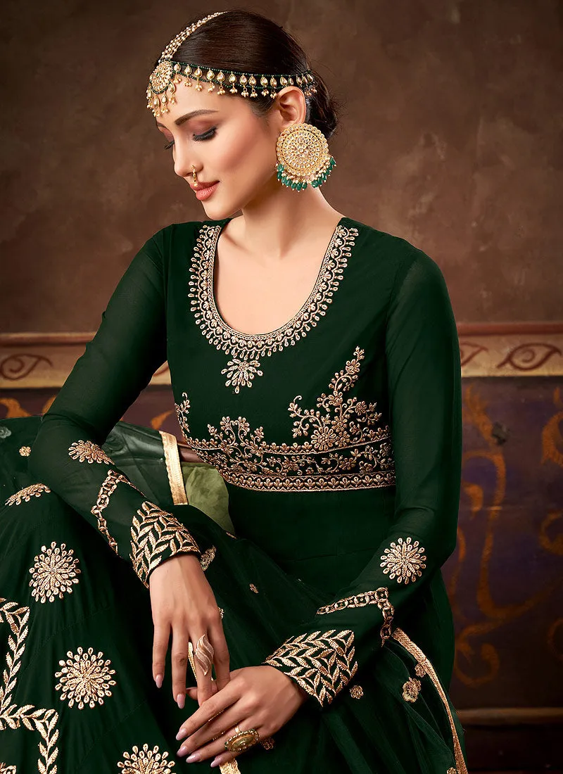 Dark Green Embroidered Georgette Anarkali Pant Suit