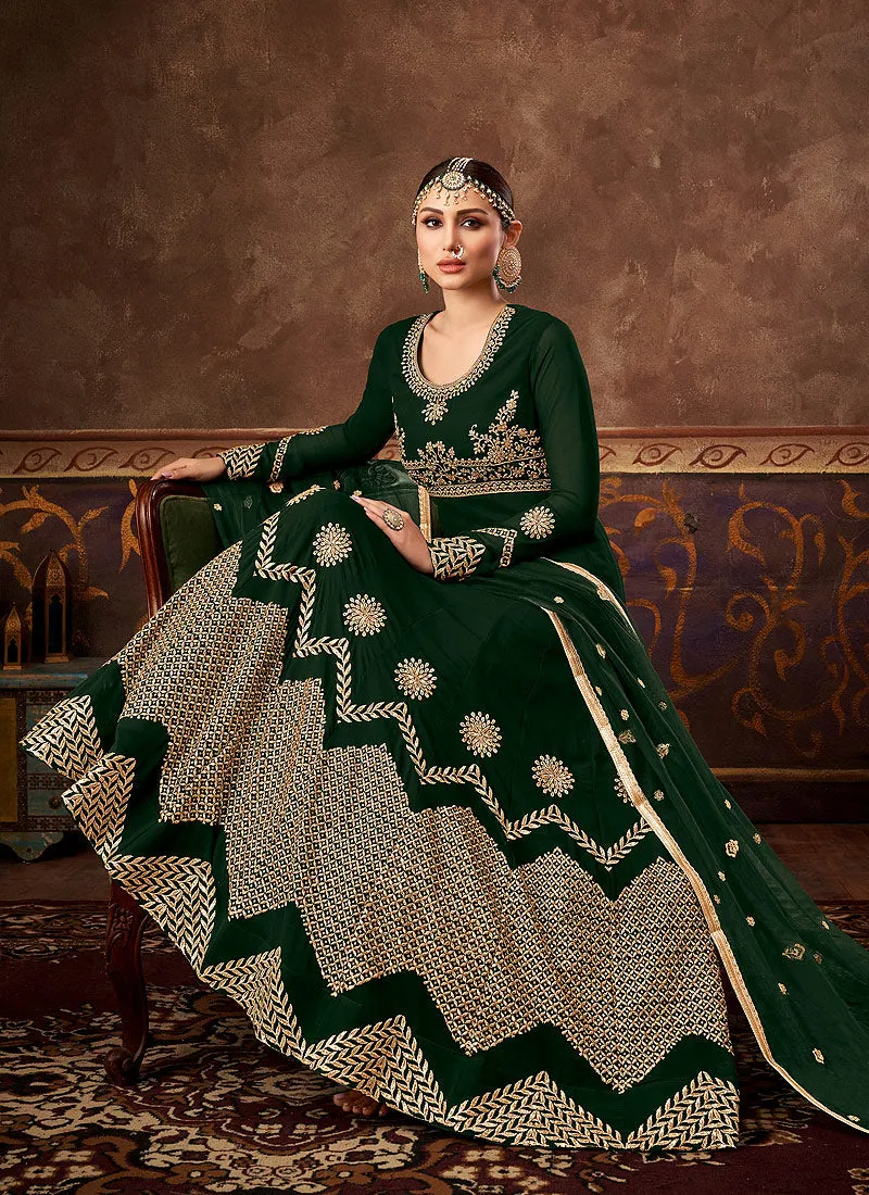 Dark Green Embroidered Georgette Anarkali Pant Suit
