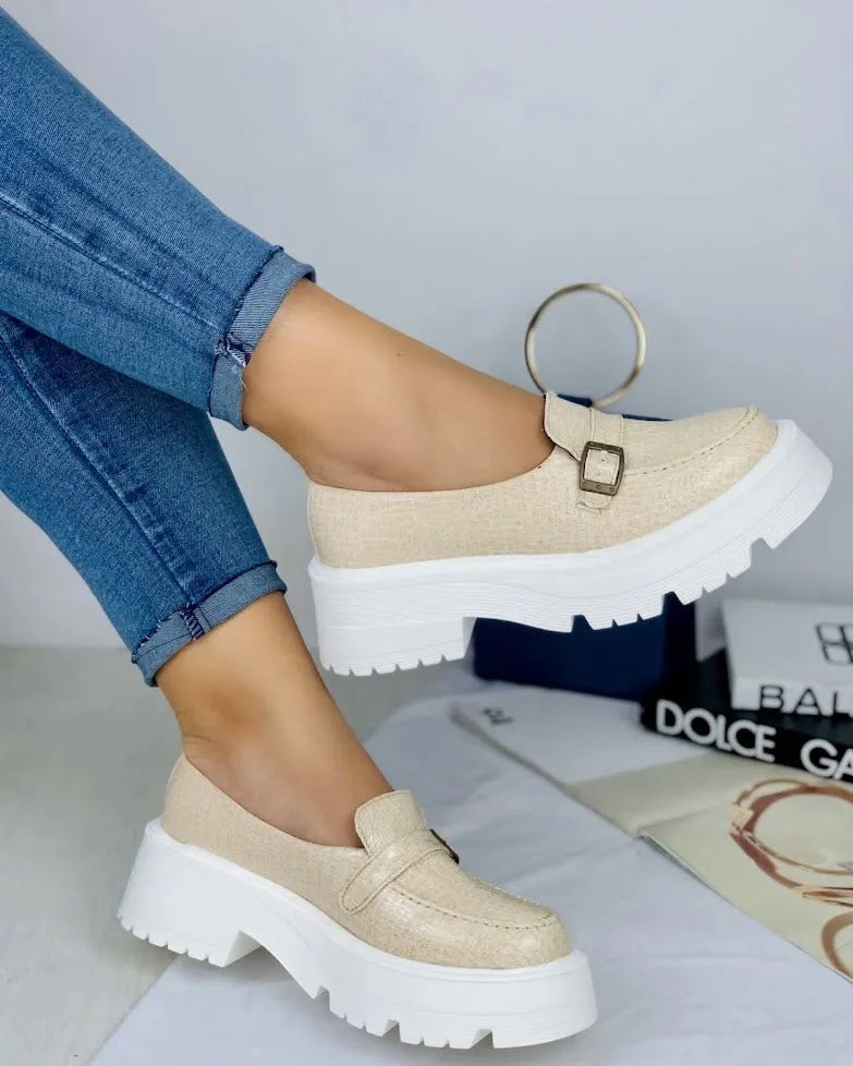 Elegant Beige Faux Leather Slip-On Loafers