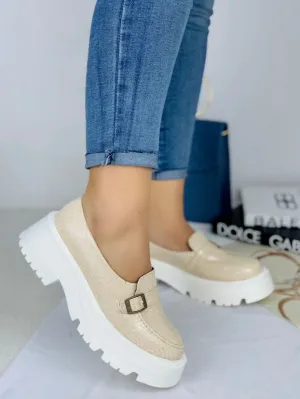 Elegant Beige Faux Leather Slip-On Loafers