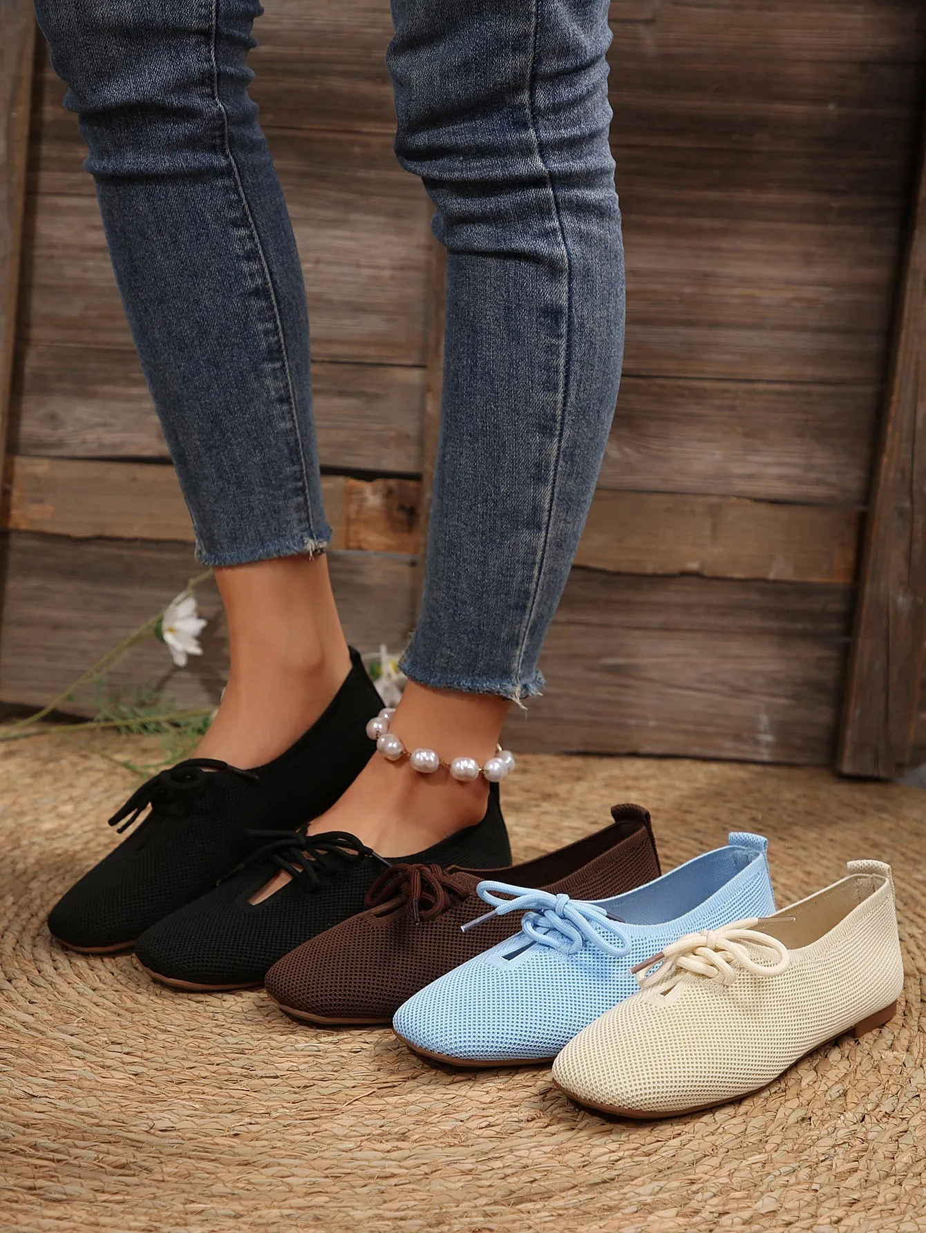 elveswallet Mesh breathable round toe lace-up flat shoes