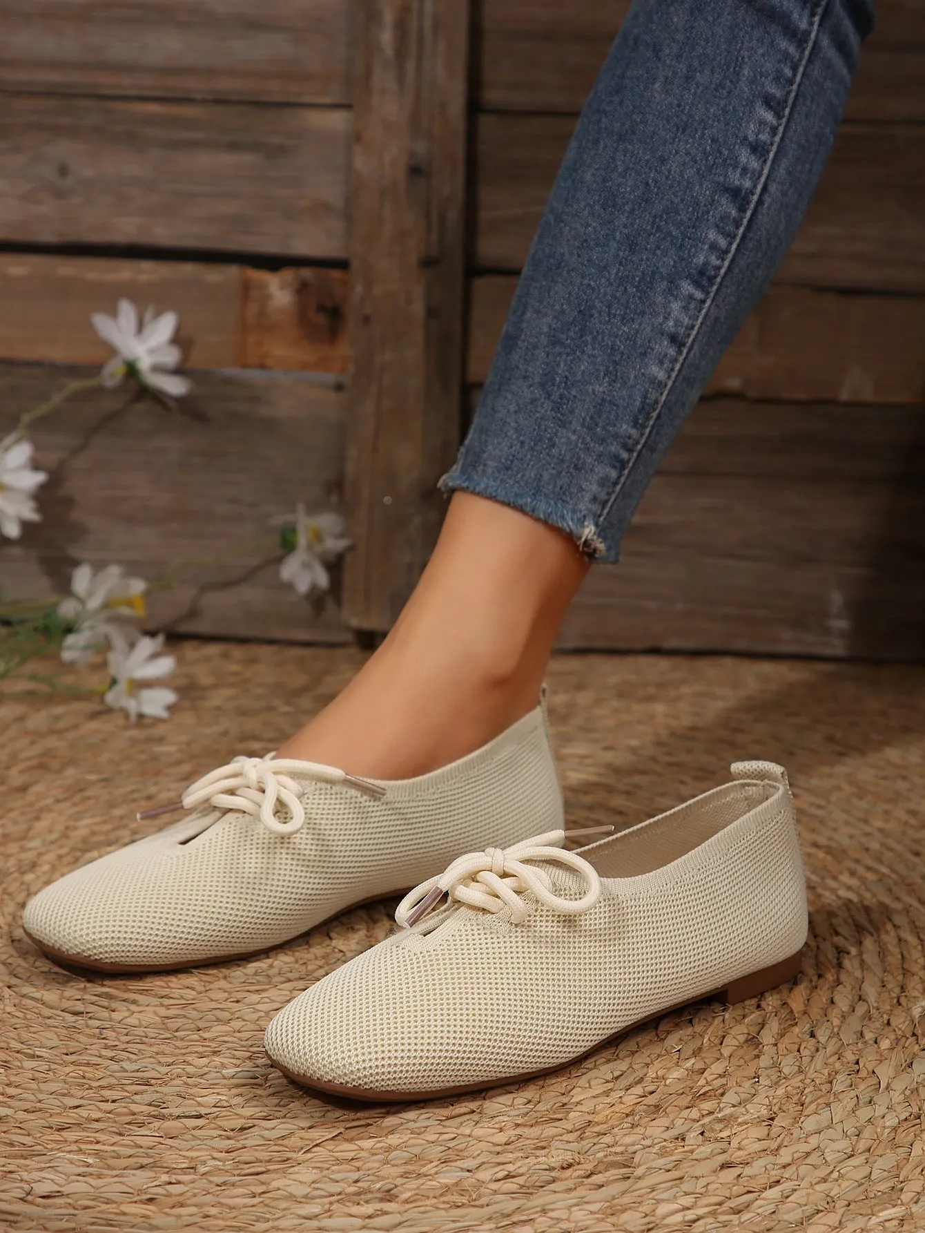 elveswallet Mesh breathable round toe lace-up flat shoes