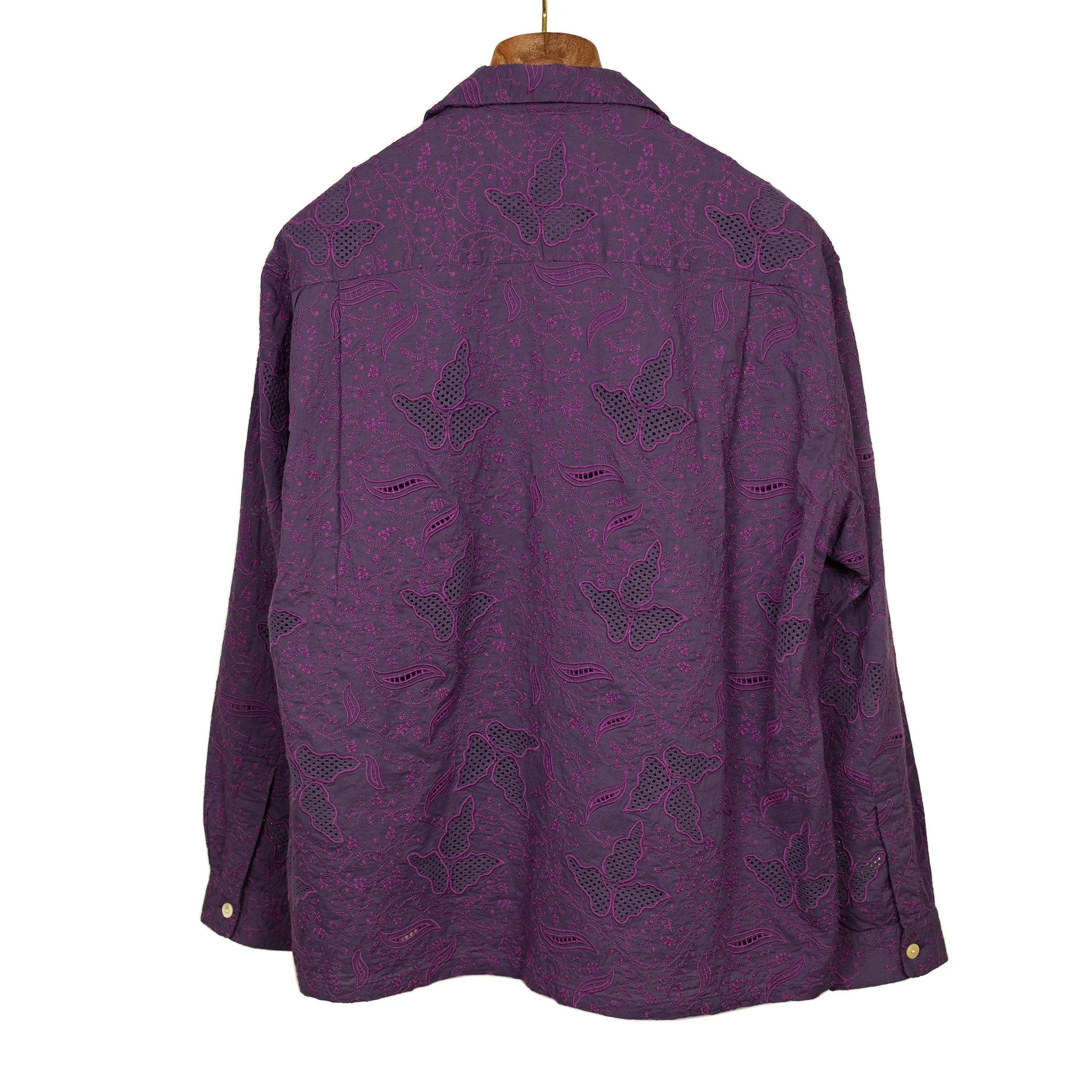 Embroidered open collar shirt in verbena embroidered lightweight cotton muslin