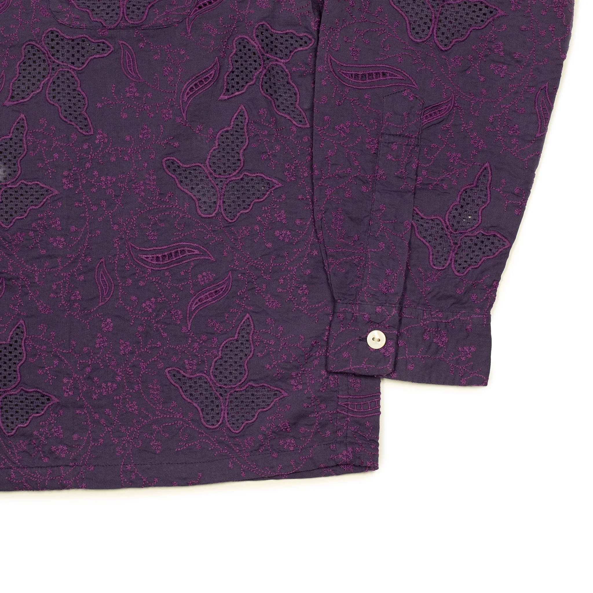 Embroidered open collar shirt in verbena embroidered lightweight cotton muslin