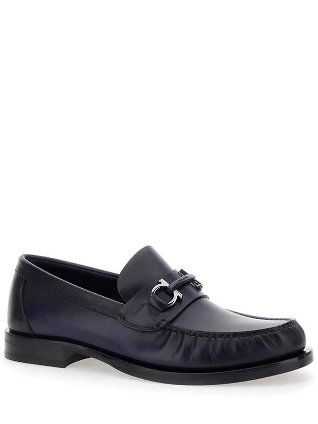 'Fort' Blue Slip-On Loafers With Gancini Detail In Brushed Leather Man