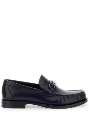 'Fort' Blue Slip-On Loafers With Gancini Detail In Brushed Leather Man