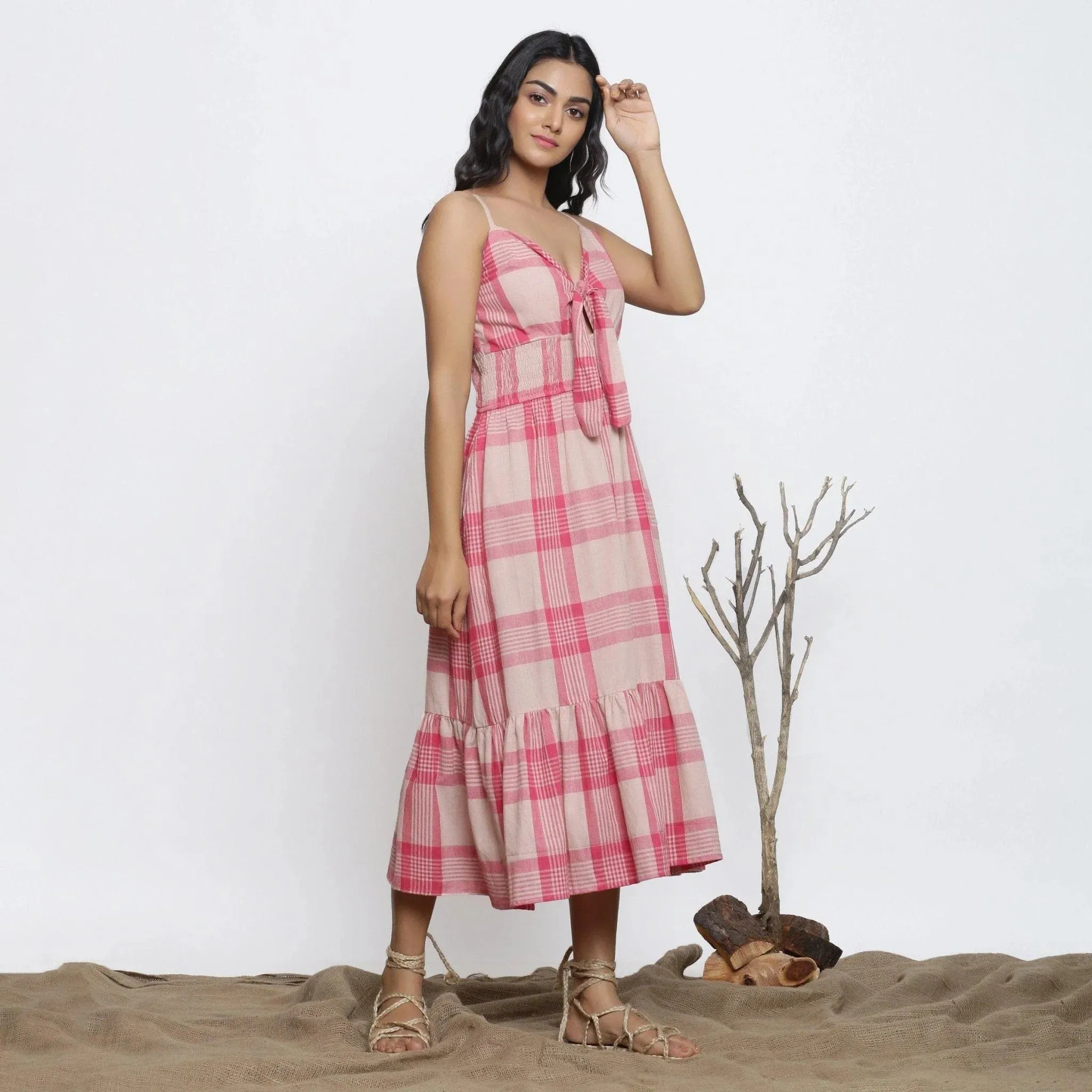 Fuchsia Handspun Cotton Tie Neck Midi Sundress