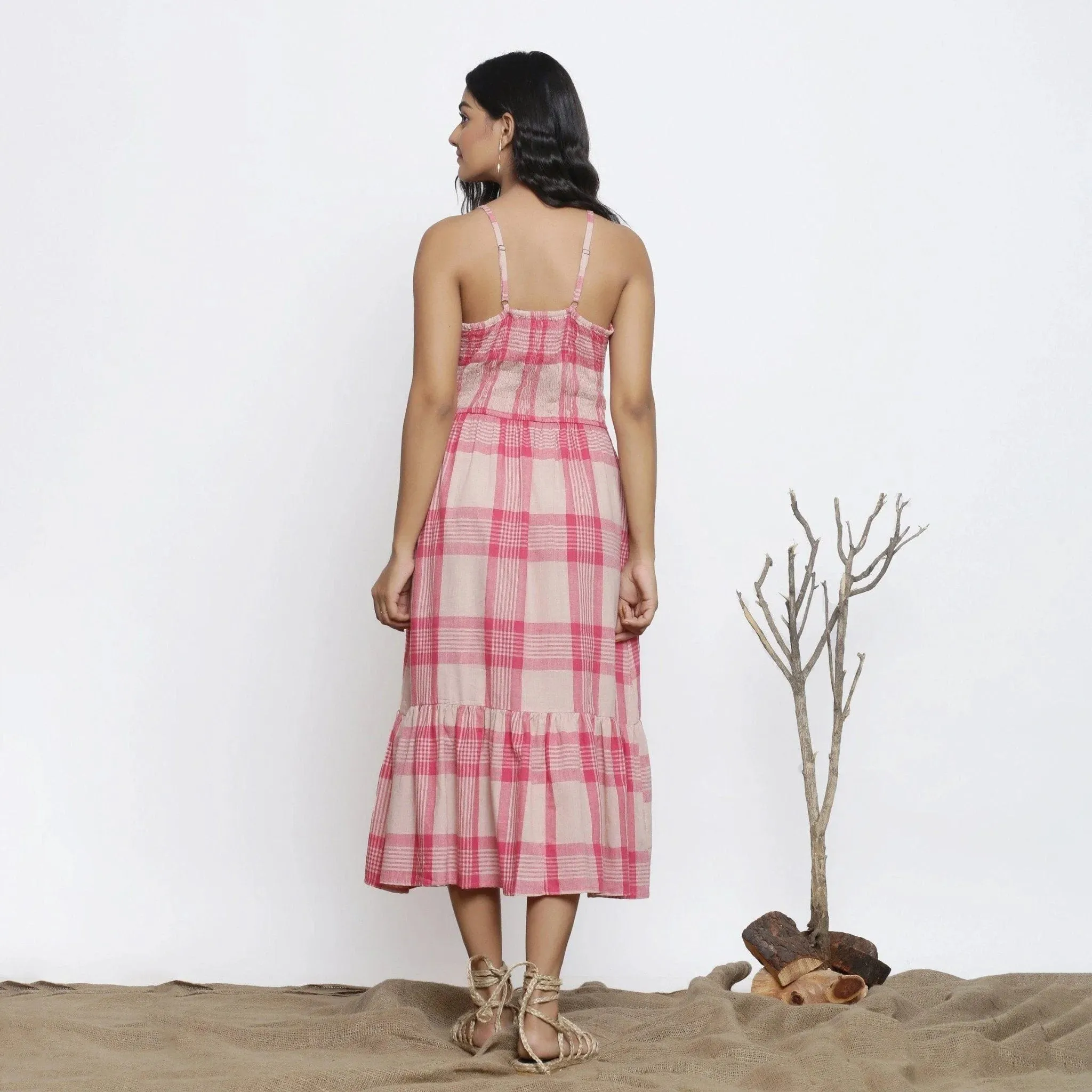 Fuchsia Handspun Cotton Tie Neck Midi Sundress