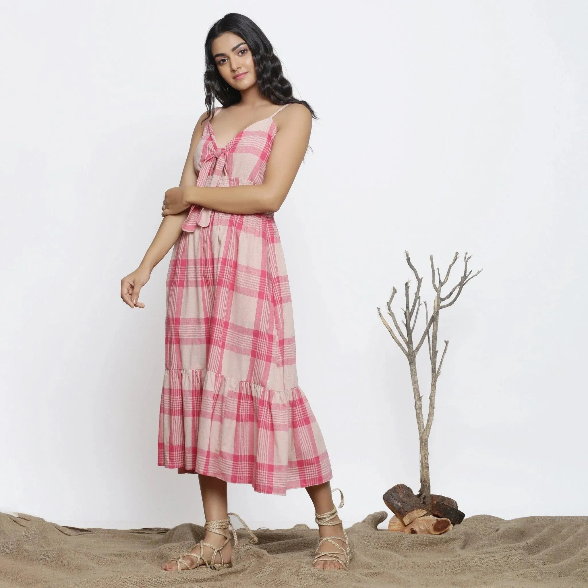 Fuchsia Handspun Cotton Tie Neck Midi Sundress