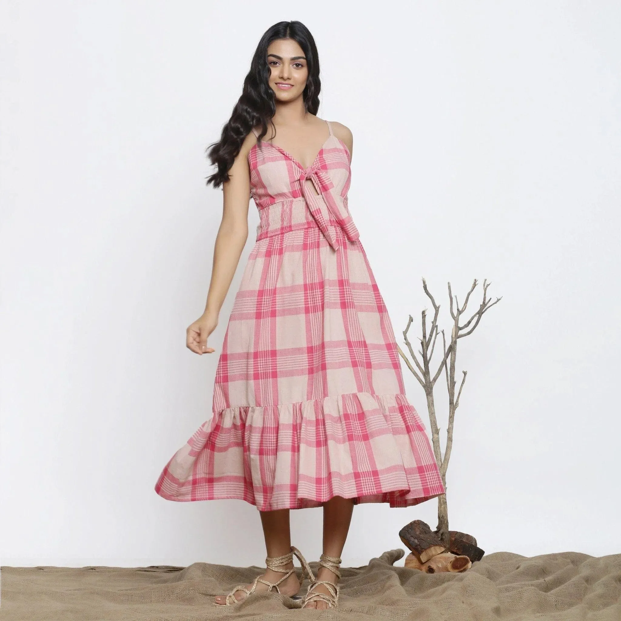 Fuchsia Handspun Cotton Tie Neck Midi Sundress