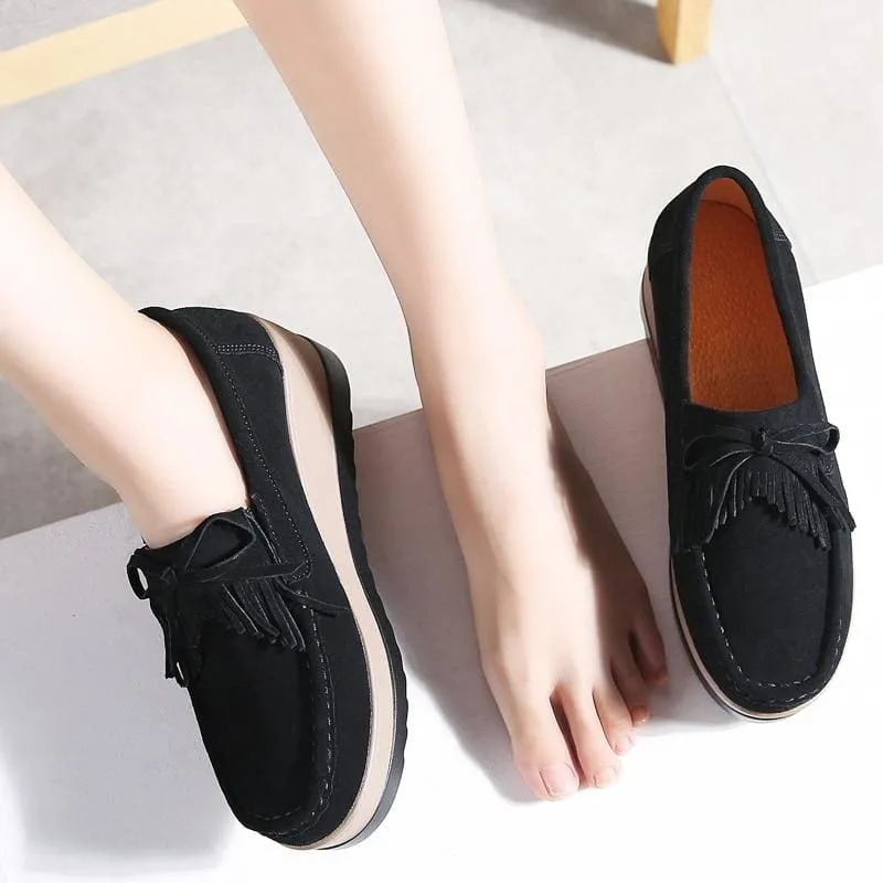 Genuine Suede Leather Non Slip PU Sole Woman Tassel Fringe Loafers
