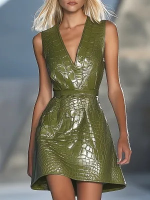 High Fashion Crocodile Eco-Leather Sleeveless Mini Dress